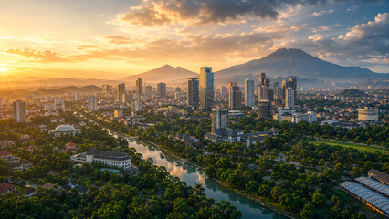 Naklejka premium Futuristic Green Megacity Surrounded by Mountains and River at Sunrise