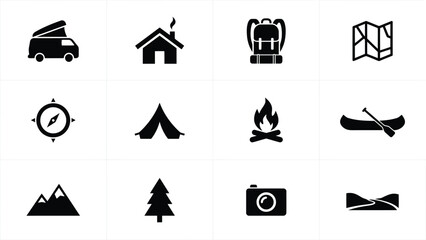 Minimalist icon set with high contrast black white grid twelve minimalist icons representing camping nature related themes displays clean high © Soma