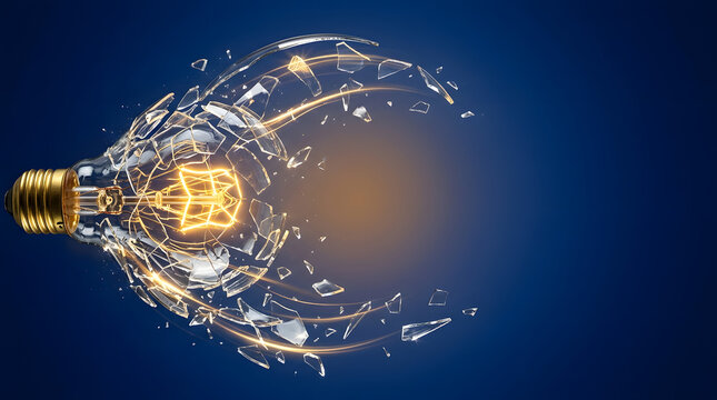 Abstract concept of a light bulb exploding with brilliant glowing energy and shattered glass fragments