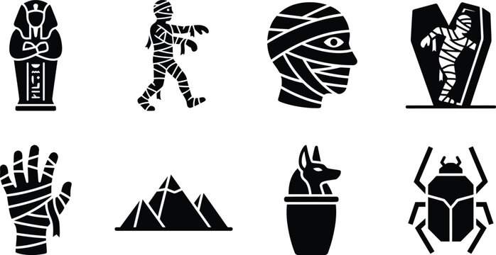 Halloween egyptian mummy curse icon set. pharaoh sarcophagus, walking mummy monster, mummy head profile, mummy stepping out of coffin, bandaged mummy hand, ancient pyramids, anubis canopic jar, scarab