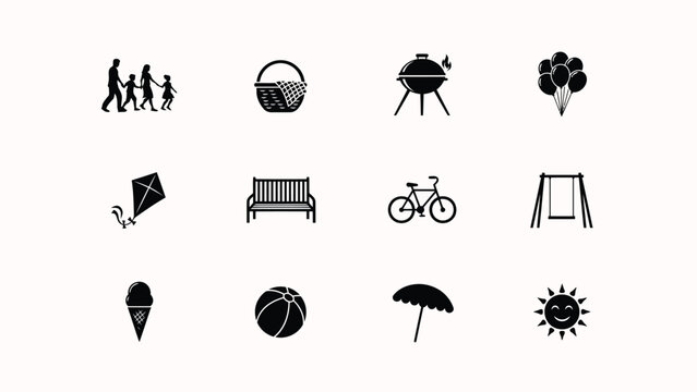 Black and white flat icons set with showcases minimalist collection twelve black silhouettes depicting outdoor summer pastimes family oriented icons against clean white background