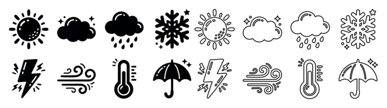 Weather icons set with sun, clouds, rain, snowflake, lightning, wind, thermometer, and umbrella symbols in outline and solid style for meteorology, forecasts, climate, and environment concept