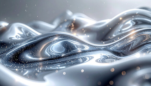 Abstract liquid metal surface with glowing particles, fluid dynamics and metallic texture