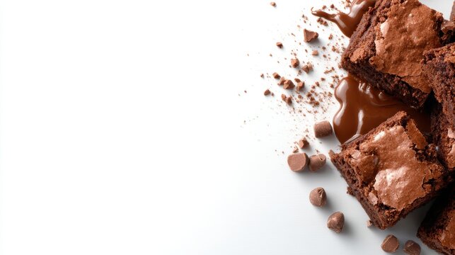 A tempting arrangement of chocolate brownies reveals gooey chocolate chunks and crumbs, inviting viewers to savor a delectable treat that satisfies the sweet tooth.