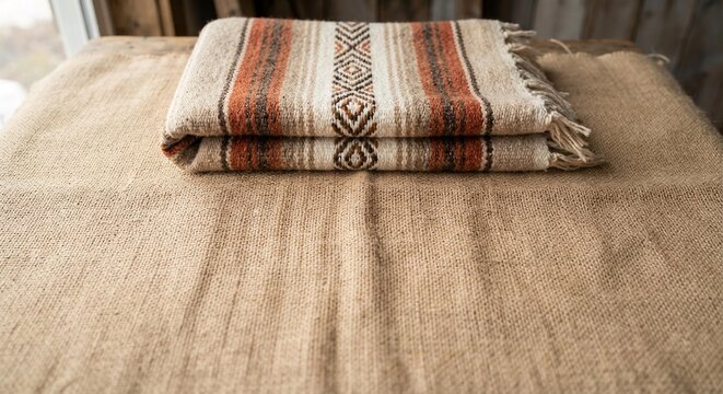 Folded Southwestern Serape Textile on Burlap Background, Rustic Interior Design Template