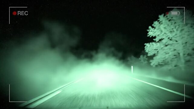 Night vision camera view from vehicle driving dark foggy road at night. Green tint highlights trees and mysterious environment. Recording perspective.