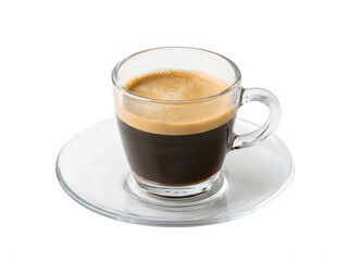 Naklejka premium A small glass cup of fresh hot espresso coffee with foam on a matching saucer