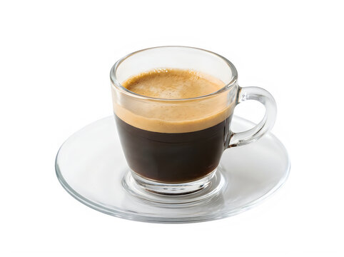 A small glass cup of fresh hot espresso coffee with foam on a matching saucer