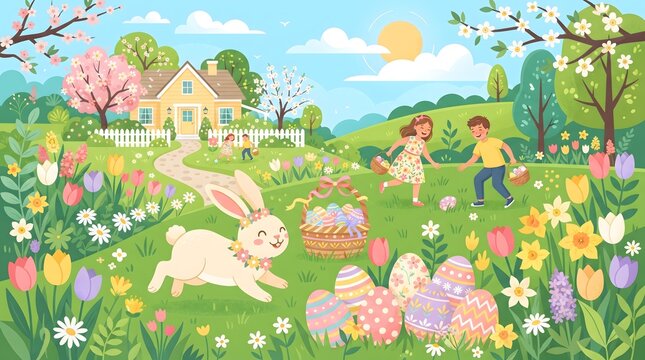 Whimsical Easter garden illustration with rabbits children flowers and a country cottage