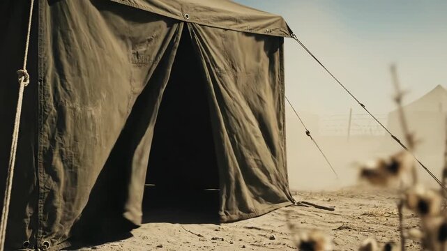 Military tent entrance blowing open by desert wind dust storm in arid camp setting during day with barbed wire fence and other tents background