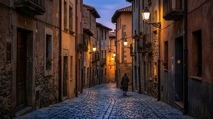 Obraz premium Charming European alleyway lit by warm street lamps at night. Cobblestone path with historic buildings and cozy ambiance.