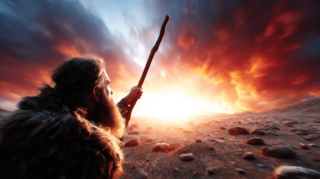 An ancient figure symbolizing humanity's past raises a stick towards a breathtaking sunset, reflecting the struggle and wonder of early human existence in a stunning landscape.