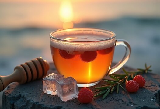 Tranquil Rose Hip Tea Infused with Honey at Peaceful Meditation Retreat Coastal Cliffside