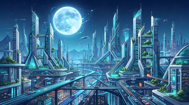Futuristic neon cityscape at night with towering architecture full moon and elevated transit network