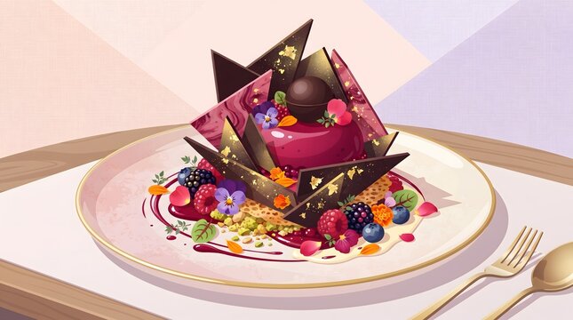 Gourmet chocolate dessert with berries and decorative chocolate shards on an elegant plate