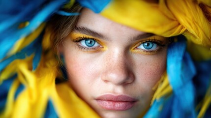 Obraz premium A captivating close-up portrait of a woman featuring stunning blue and yellow attire, showcasing her vibrant eye makeup that radiates creativity and boldness in individual expression.