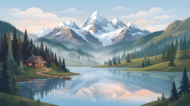 Serene alpine mountain lake with snowy peaks pine forest and rustic cabin reflected in calm water