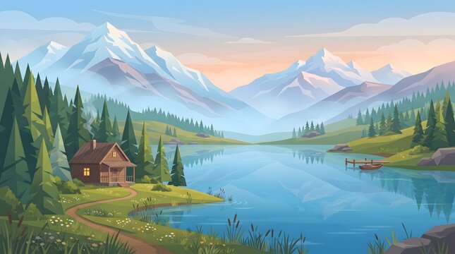 Serene alpine lake landscape with forest cabin snow capped mountains and calm reflective water