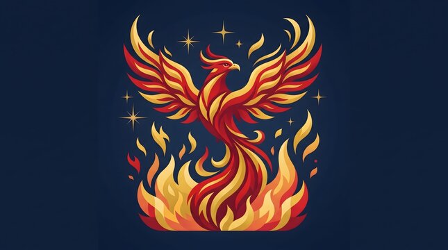 Stylized phoenix made of red orange and golden flames on dark navy background