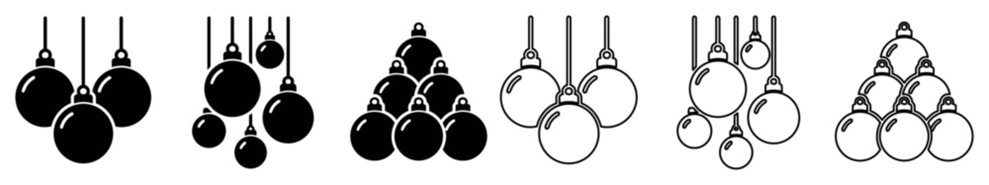 Christmas decoration vector icon set of hanging baubles and ornament balls in various grouping styles and outline designs for holiday and festive graphic projects