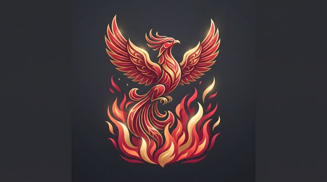 Stylized fiery phoenix with red gold and orange flames on a dark background