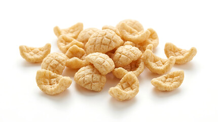 Fototapeta premium Pile of crispy cuttlefish shaped puffed seafood snacks isolated on pure white background for easy PNG cutout