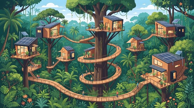Whimsical treehouse village connected by winding wooden walkways in a lush tropical forest illustration