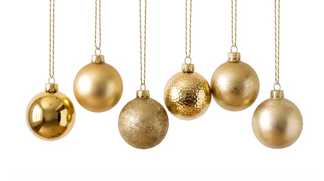 Shiny gold christmas tree ornaments hanging together for holiday decorations