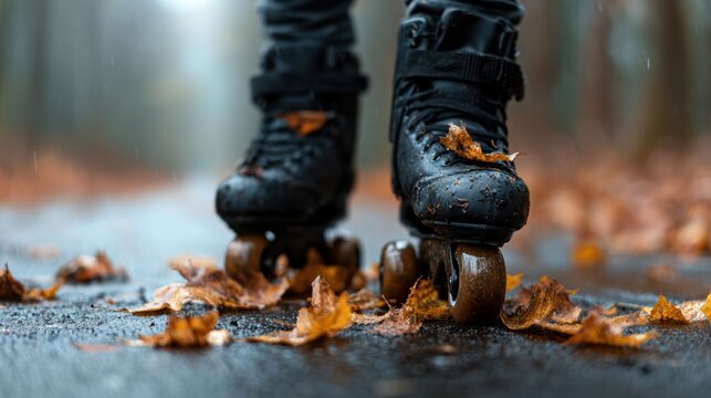 A striking close-up of roller skates on a wet path adorned with fallen autumn leaves, evoking feelings of freedom, joy, and the beauty of seasonal changes.