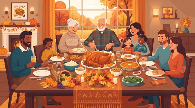 Warm and inviting vector illustration depicting a traditional Thanksgiving family dinner gathering. The artwork highlights a beautifully set dining table with a roasted turkey centerpiece, surrounded 