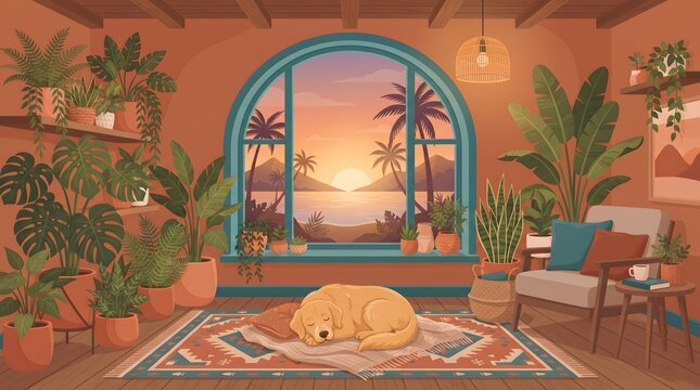 Cozy bohemian living room with sleeping cat houseplants and sunset view through an arched window