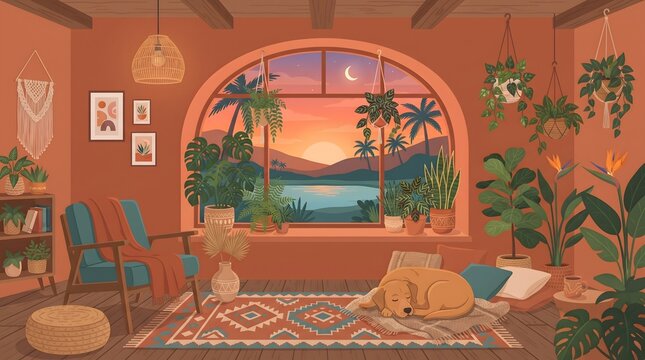 Bohemian living room interior with tropical sunset view through arched window and indoor plants