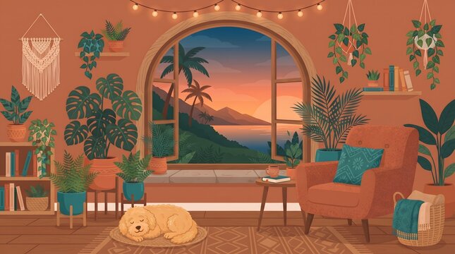 Cozy bohemian living room interior with houseplants arched window and sunset view digital illustration