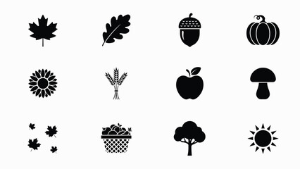 Black and white flat design icons of harvest seasonal elements with minimalist collection ten black silhouette icons representing autumnal harvest themes © Soma