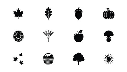 Black and white autumn harvest symbols collection with seasonal motifs against clean background showcases minimalist black white illustration bundle © Soma