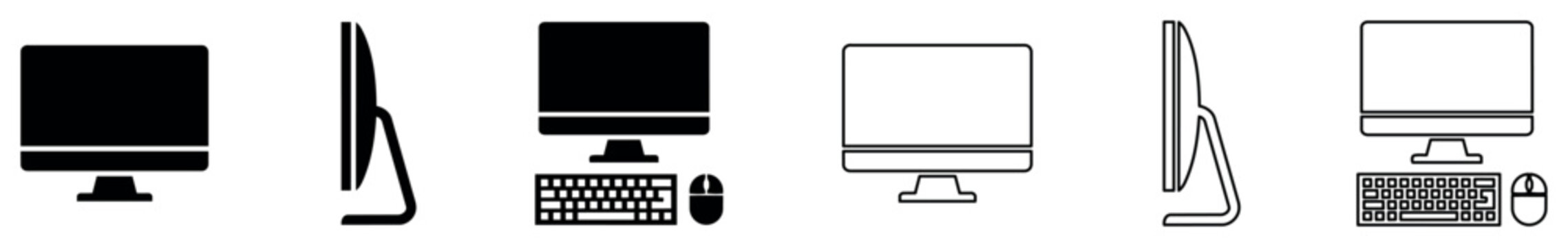 Computer and desktop work setup icon collection with monitor, keyboard, and mouse vector illustrations in front and side views for technology and office design