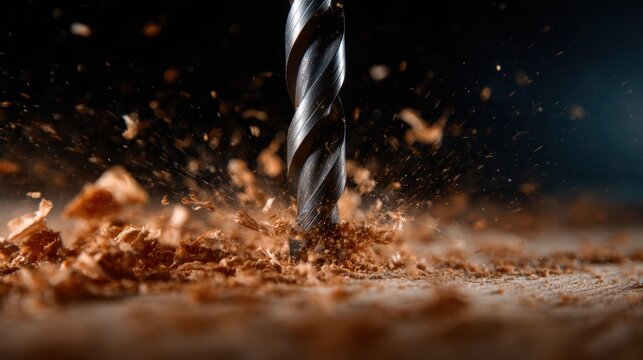 A dramatic close-up of a drill bit penetrating wood, capturing the motion and energy of construction as sawdust flies, representing craftsmanship and dedication to building.