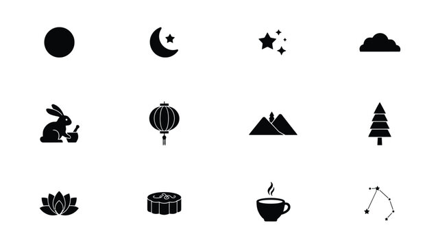 Minimalist black icons set with monochromatic collection twelve stylized icons arranged grid tranquil lifestyle elements against plain background