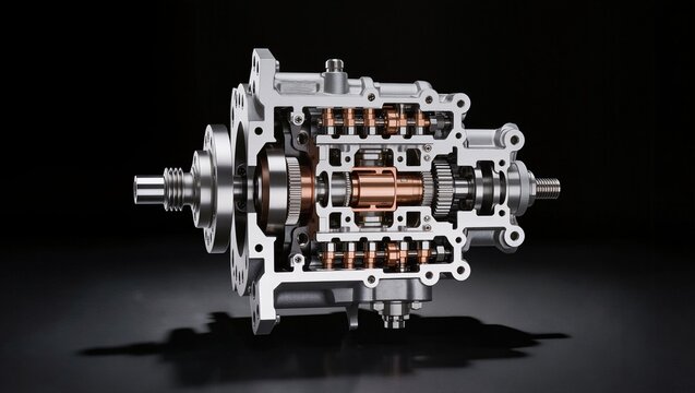 Copper-rotor compact epicyclic transaxle with spur gear stages cross-section, dark background
