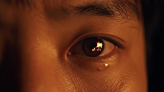 Close up of an eye showing reflection of fire flames and single tear dropping. Face illuminated by warm light creating dramatic mood.