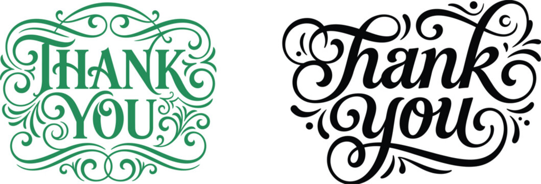 Two elegant hand drawn thank you lettering designs with decorative flourishes isolated on a white background for cards