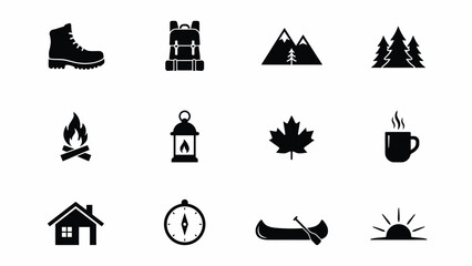 Minimalist black icons set with monochromatic grid twelve minimalist icons representing outdoor adventure themes nature symbols bold silhouettes © Soma