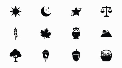 Obraz premium Black and white symbolic icons set with displays minimalist collection twelve distinct black silhouettes against plain background background