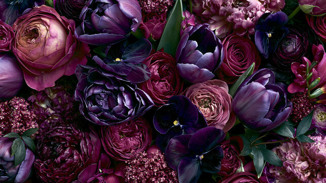 Luxurious dark purple floral bouquet with roses, peonies and tulips in close-up composition