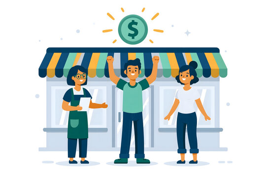 Celebrate Your Business Success: A Vibrant Illustration of Teamwork and Entrepreneurship in a Thriving Store Environment