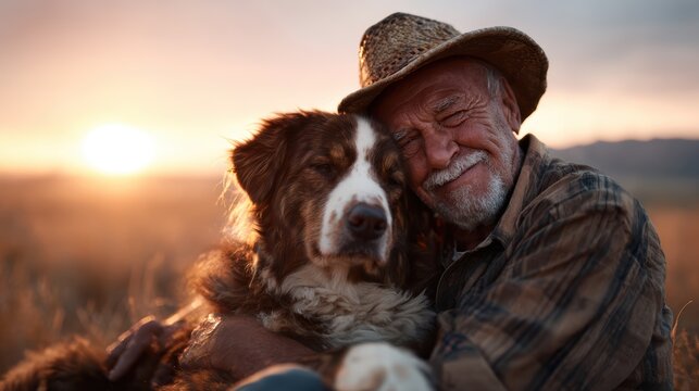 An affectionate bond captured as an elderly man embraces his pet dog during a sunset, radiating warmth, love, and companionship, immortalizing a heartfelt moment in nature.