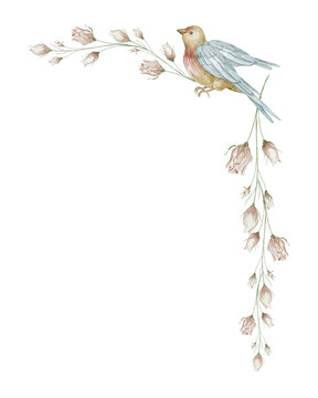 Watercolor floral corner with Bird and rose branches in pastel colors. Illustration of Frame template with songbird and botanical elements for wedding invitations, feminine stationery.