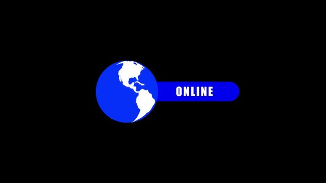 A simplified blue and white globe adjacent to a blue rounded rectangle displaying the white text ONLINE against a black background symbolizing internet presence and digital availability