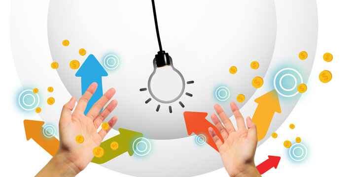 Light bulbs and arrows with two hands in the concept of creative online business and making money through multiple channels