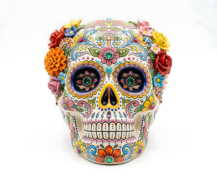 Celebration of life and remembrance during Dia de los Muertos with a decorative skull